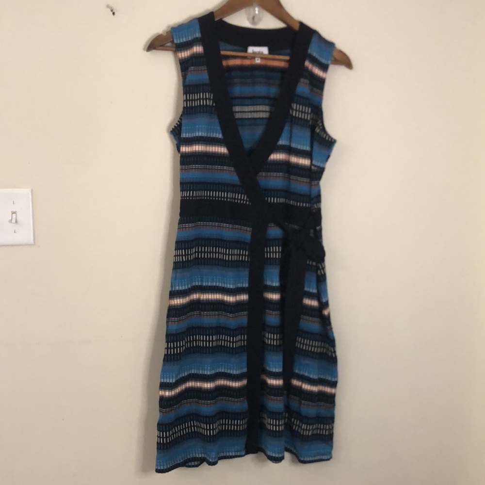 Leota Wrap Around sleeveless midi dress Orange Blue Black stripes V neck SZ Med